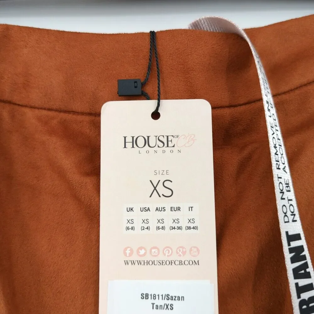 HOUSE OF CB Women XS Sazan Leggings Tan Brown Faux Suede High Waist Rise NEW